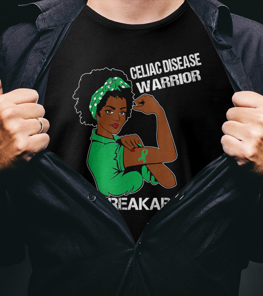 Celiac Disease Warrior Unbreakable With Empowering Arm Pose And Green Awareness T-Shirt