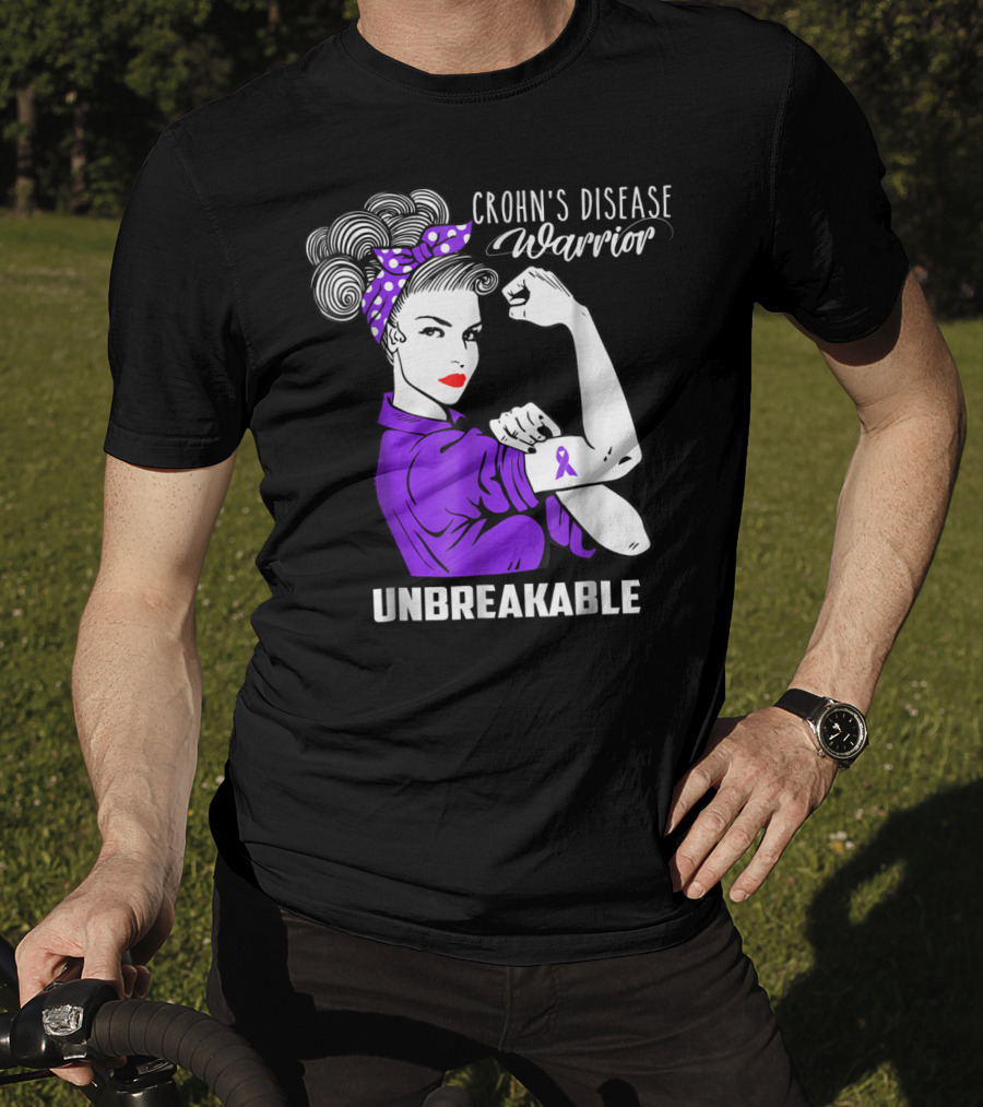 Crohn's Disease Warrior Unbreakable Awareness With Purple Ribbon Rosie The Riveter T-Shirt
