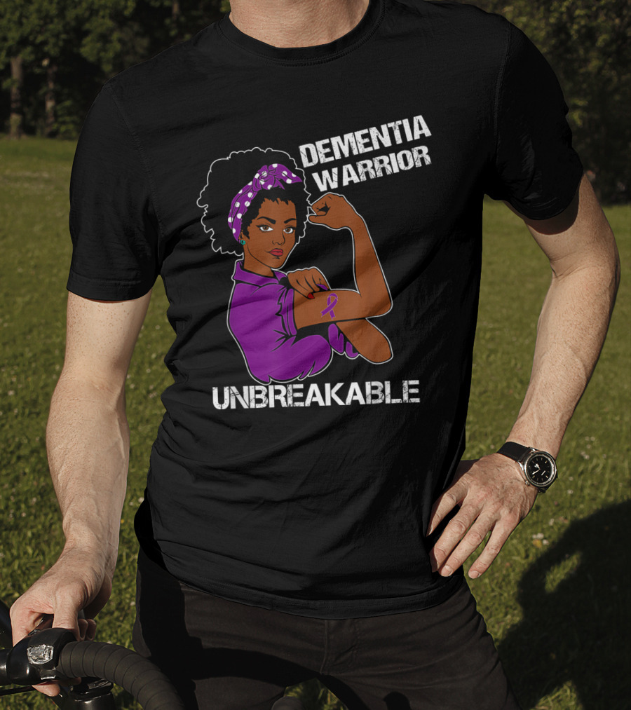 Dementia Warrior Unbreakable Rosie The Riveter Woman With Purple Awareness T-Shirt