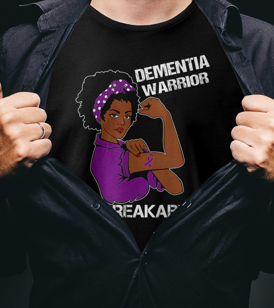 Dementia Warrior Unbreakable Rosie The Riveter Woman With Purple Awareness T-Shirt