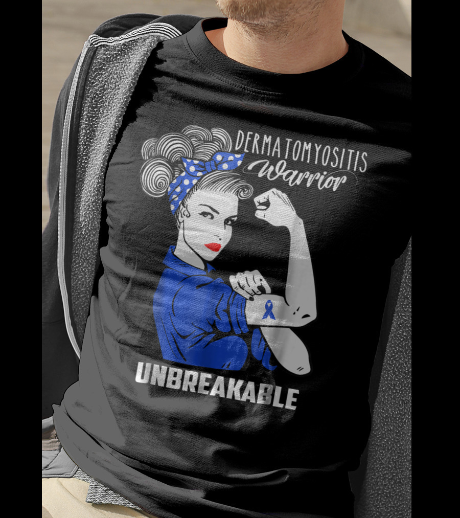 Dermatomyositis Warrior Unbreakable Awareness Flexing Rosie Icon With Blue T-Shirt