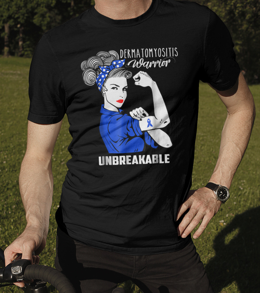 Dermatomyositis Warrior Unbreakable Awareness Flexing Rosie Icon With Blue T-Shirt