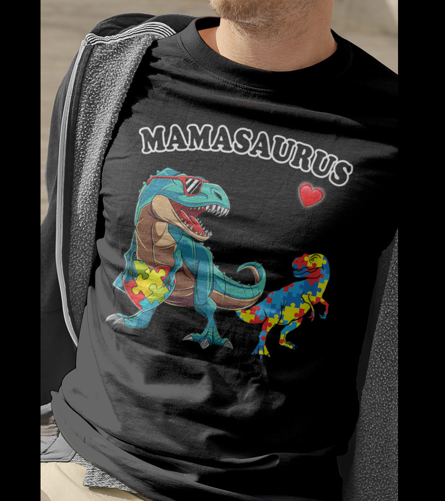 Mamasaurus Dinosaur Heart Puzzle Autism Awareness T-Shirt