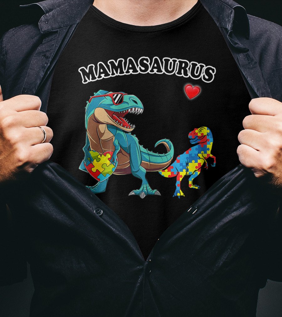 Mamasaurus Dinosaur Heart Puzzle Autism Awareness T-Shirt