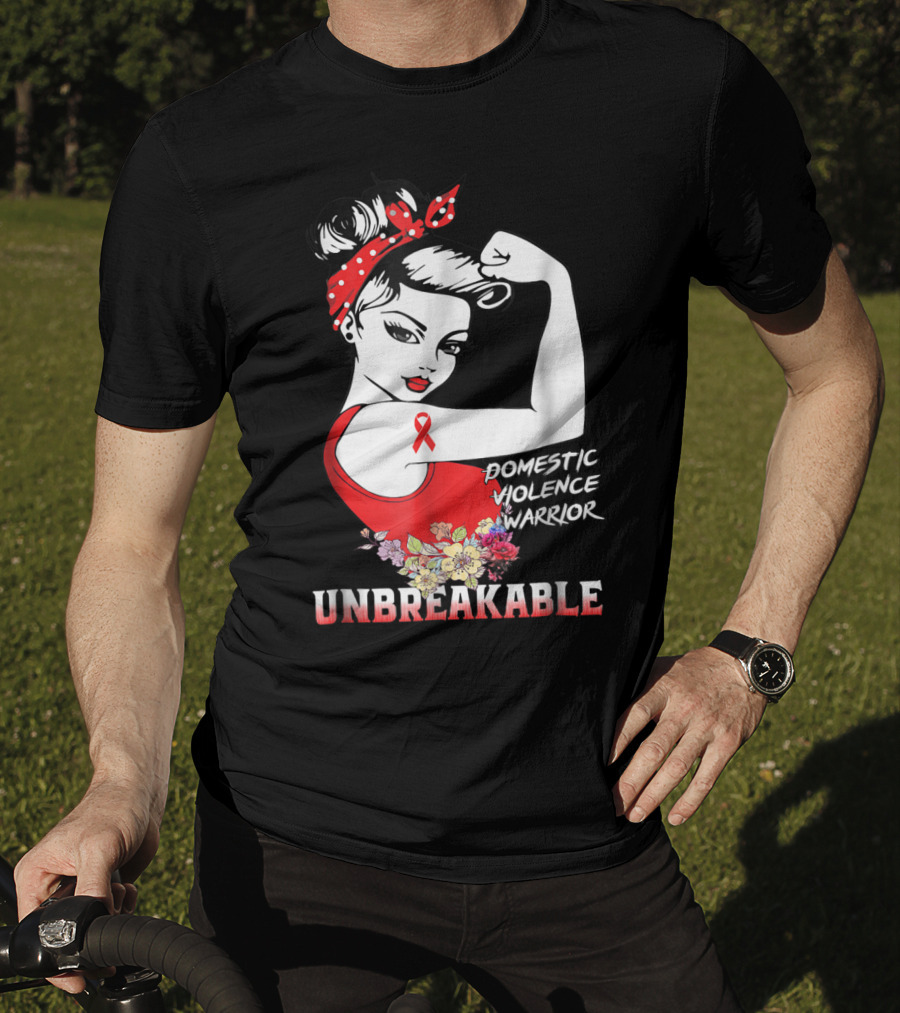 Domestic Violence Warrior Unbreakable Red Ribbon Rosie The Riveter Floral T-Shirt