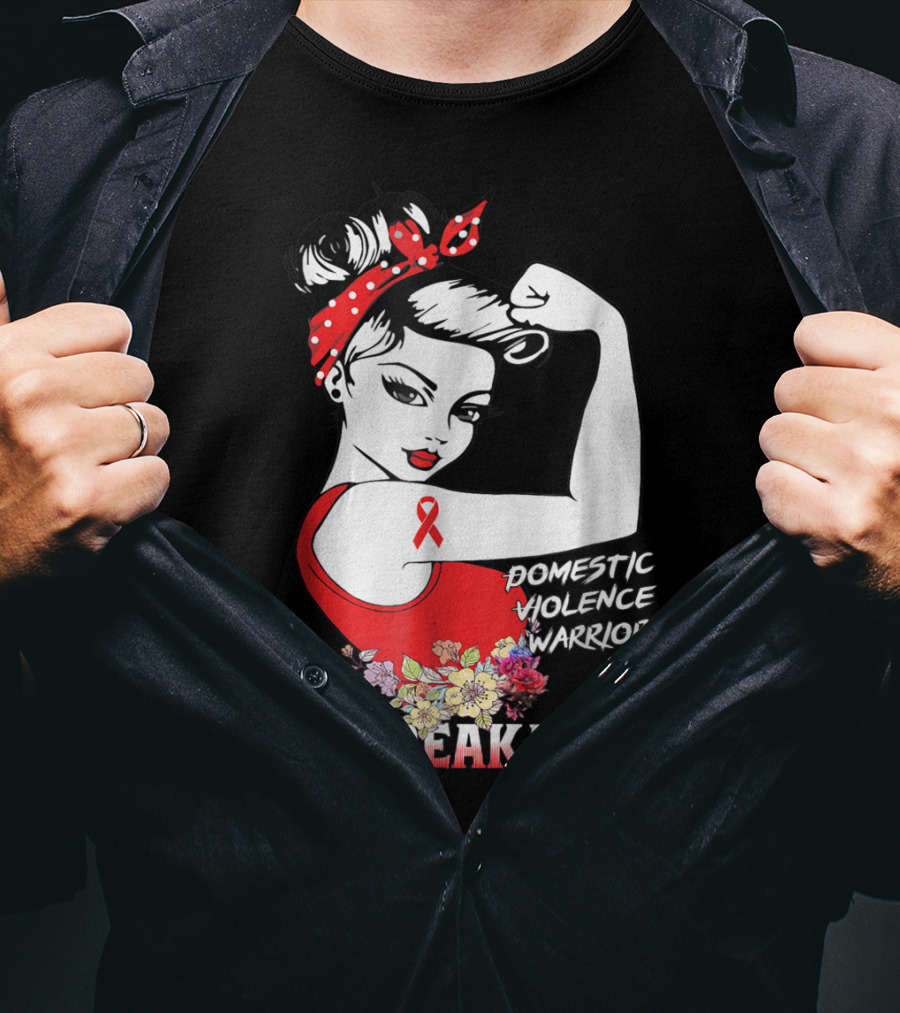 Domestic Violence Warrior Unbreakable Red Ribbon Rosie The Riveter Floral T-Shirt
