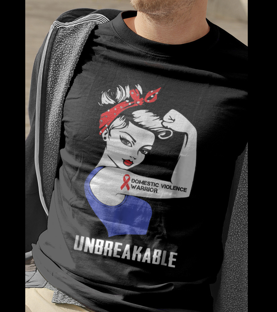 Domestic Violence Warrior Unbreakable Rosie Riveter Red Ribbon T-Shirt