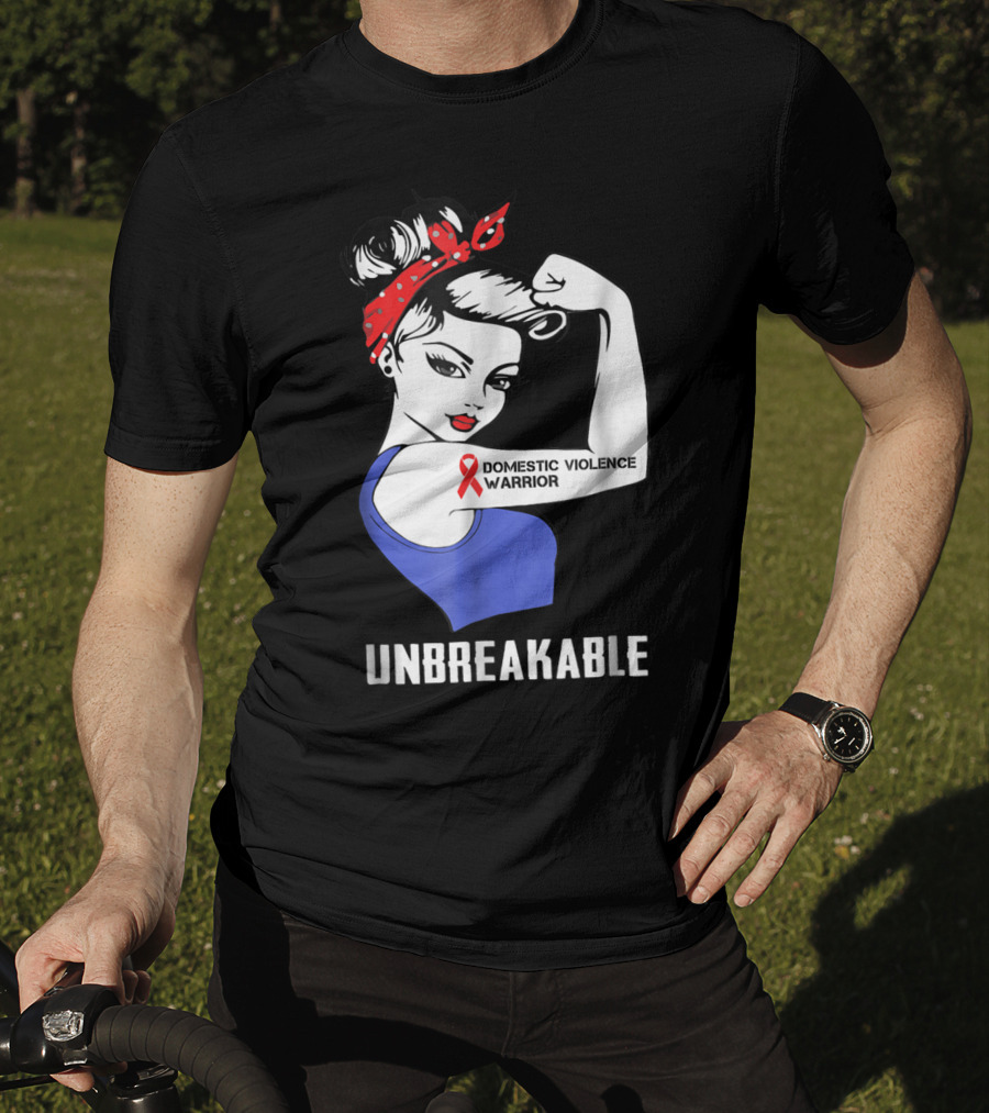 Domestic Violence Warrior Unbreakable Rosie Riveter Red Ribbon T-Shirt