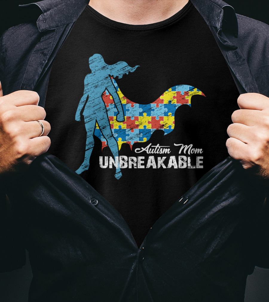Autism Mom Unbreakable Puzzle Cape Superhero T-Shirt