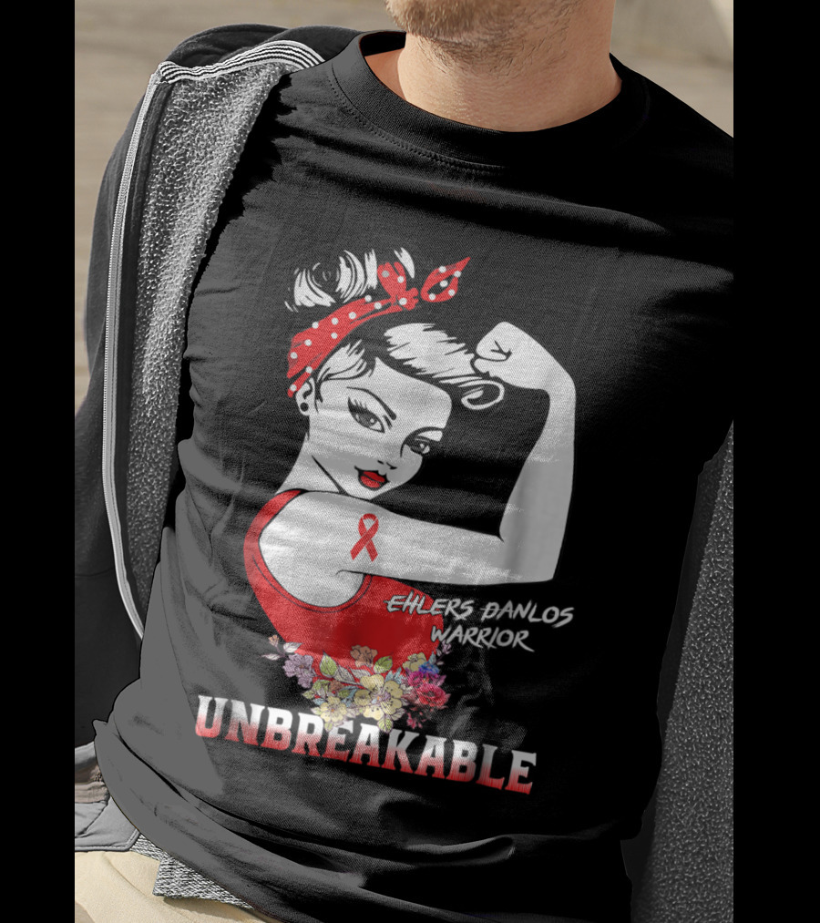 Ehlers Danlos Warrior Unbreakable Rosie The Riveter Style With Ribbon And Floral Elements T-Shirt