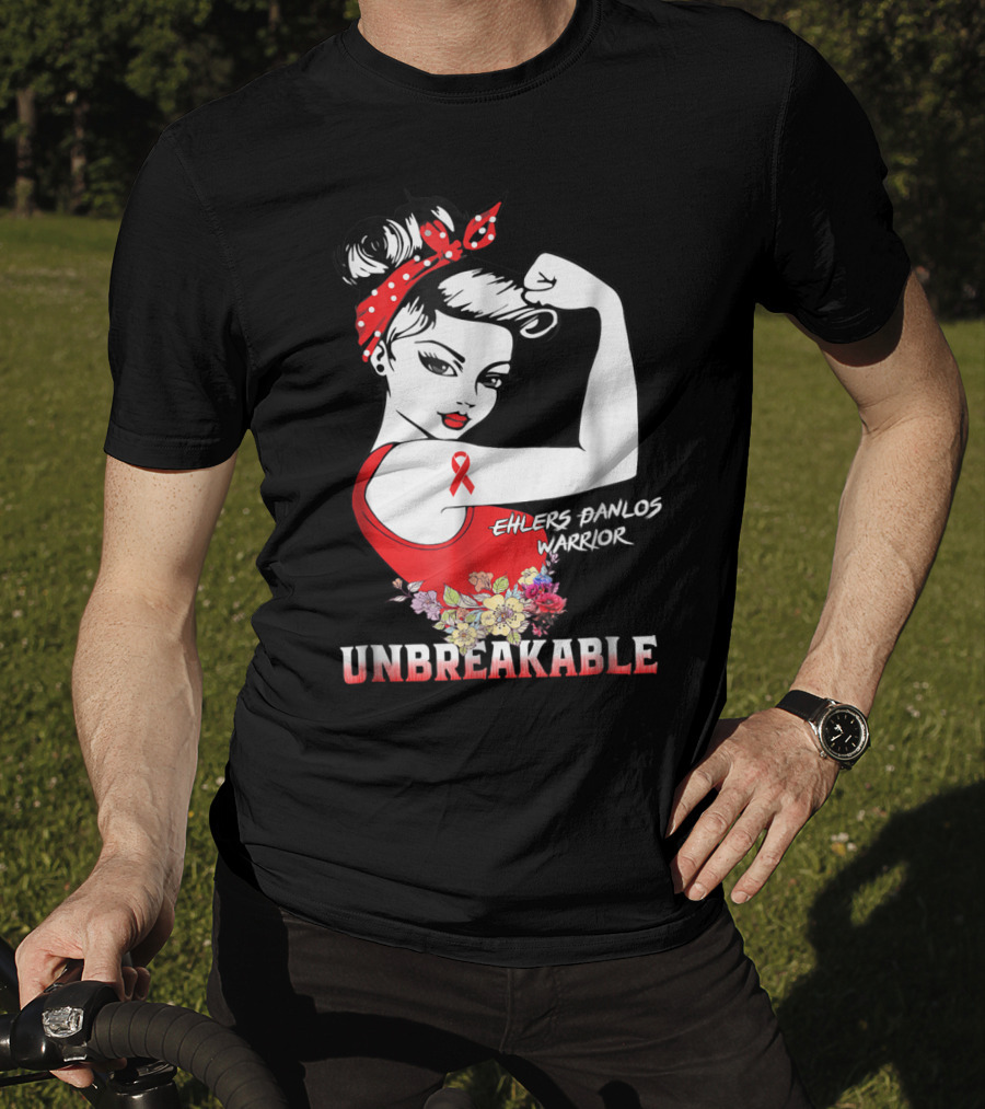 Ehlers Danlos Warrior Unbreakable Rosie The Riveter Style With Ribbon And Floral Elements T-Shirt