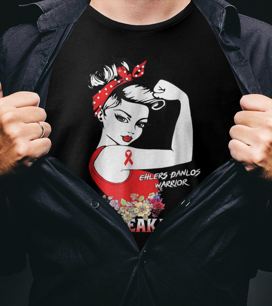 Ehlers Danlos Warrior Unbreakable Rosie The Riveter Style With Ribbon And Floral Elements T-Shirt