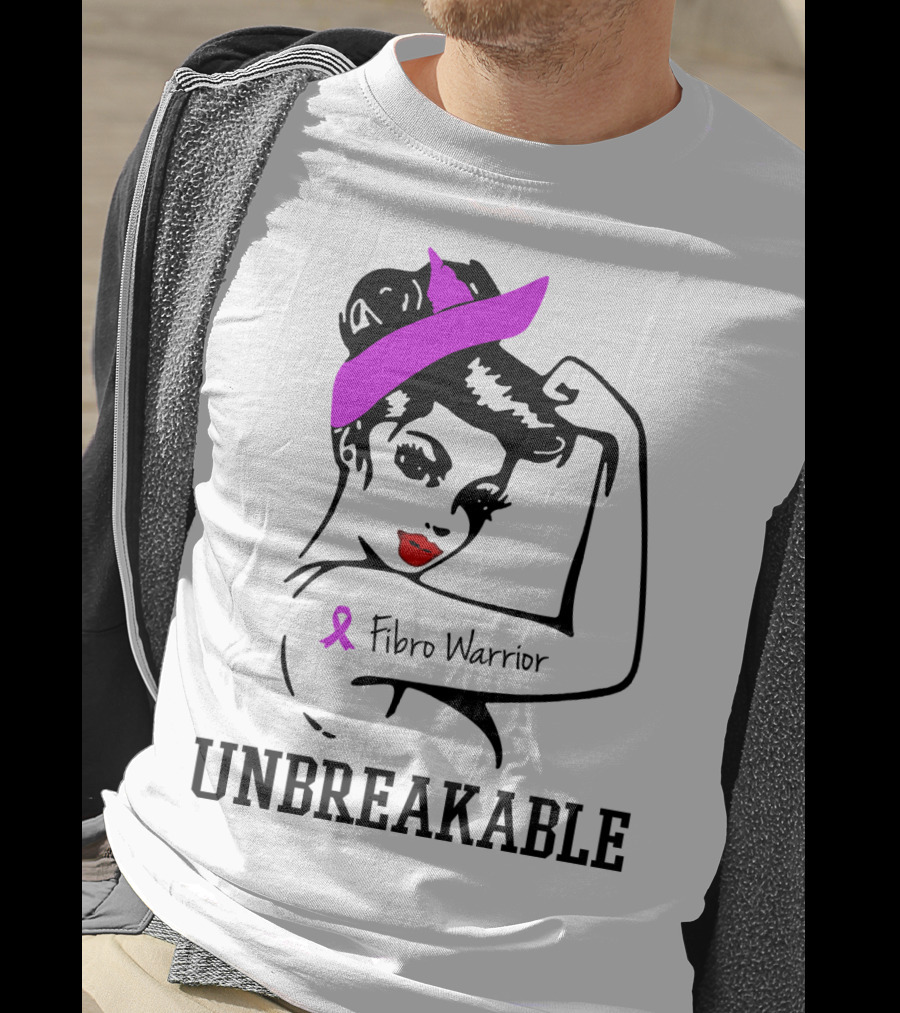 Fibro Warrior Unbreakable Strong Woman With Pink Ribbon And Purple Hair Bow T-Shirt