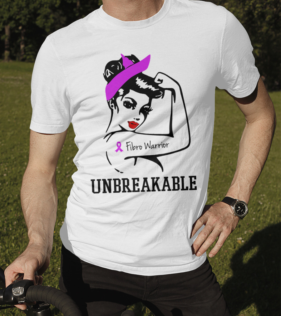 Fibro Warrior Unbreakable Strong Woman With Pink Ribbon And Purple Hair Bow T-Shirt