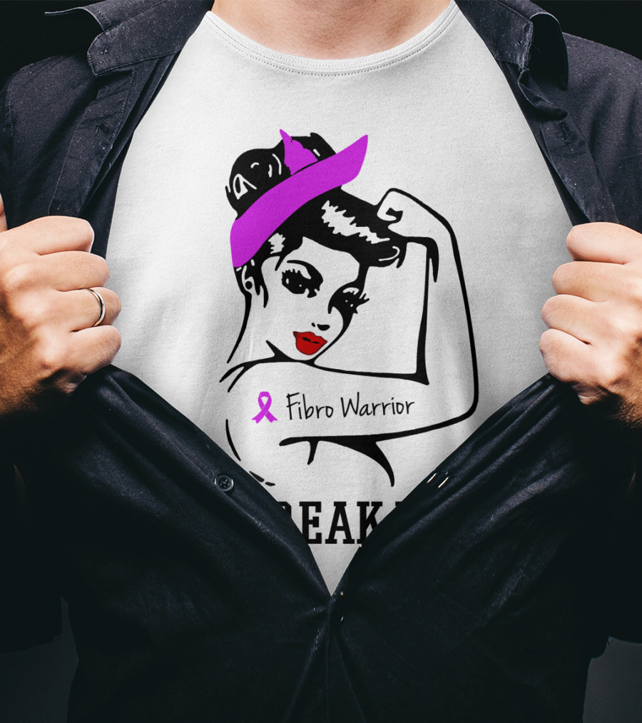 Fibro Warrior Unbreakable Strong Woman With Pink Ribbon And Purple Hair Bow T-Shirt