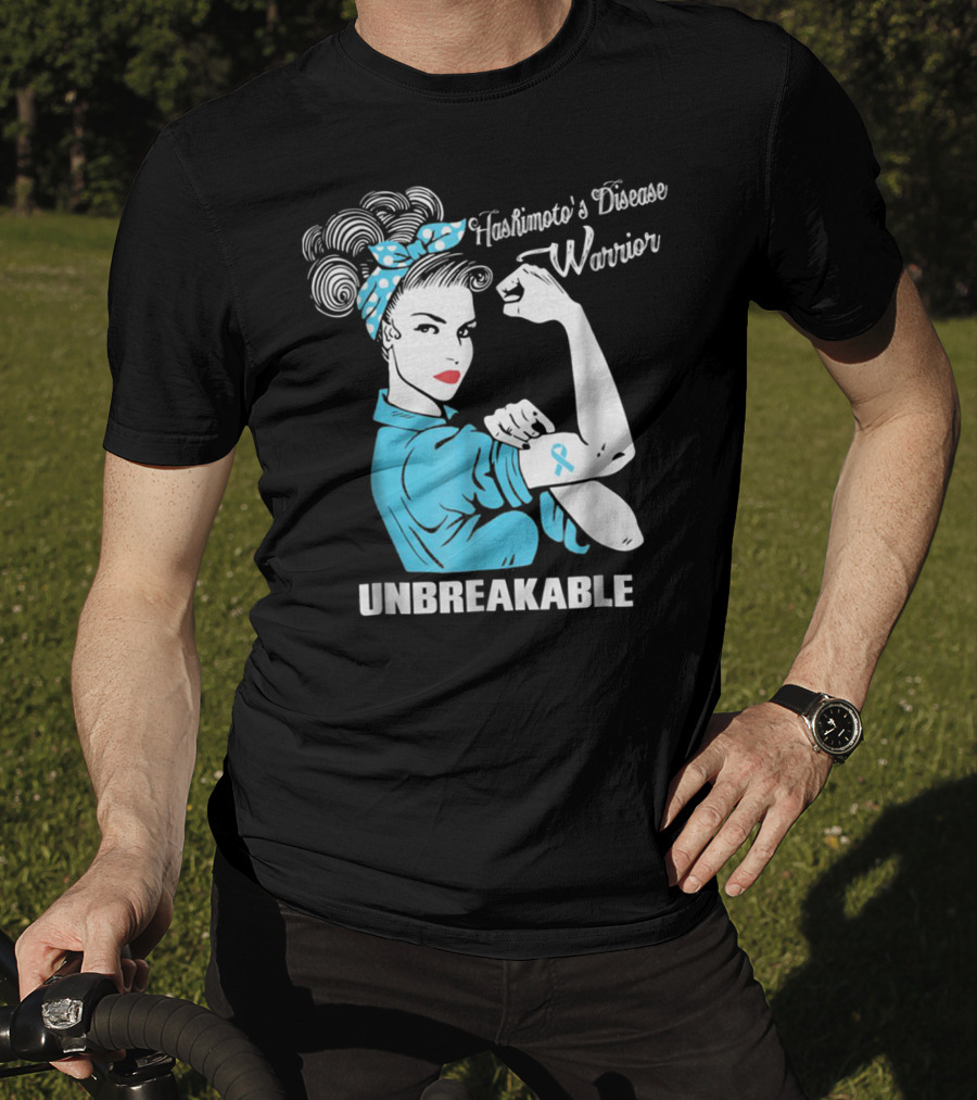 Hashimoto's Disease Warrior Unbreakable Rosie Riveter Style Blue Awareness T-Shirt