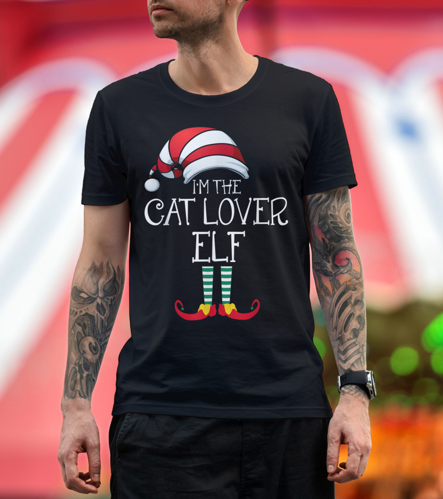 I'm The Cat Lover Elf Family Christmas Hat and Striped Socks T-Shirt