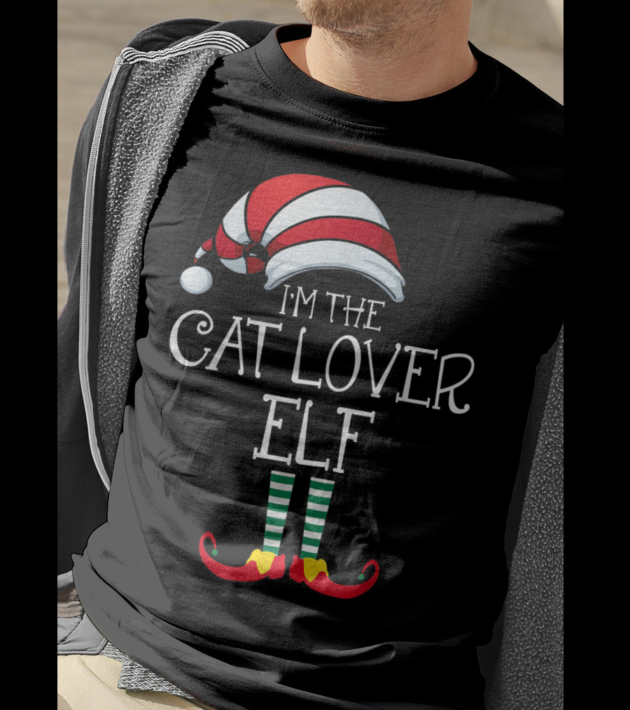 I'm The Cat Lover Elf Family Christmas Hat And Striped Socks T-Shirt