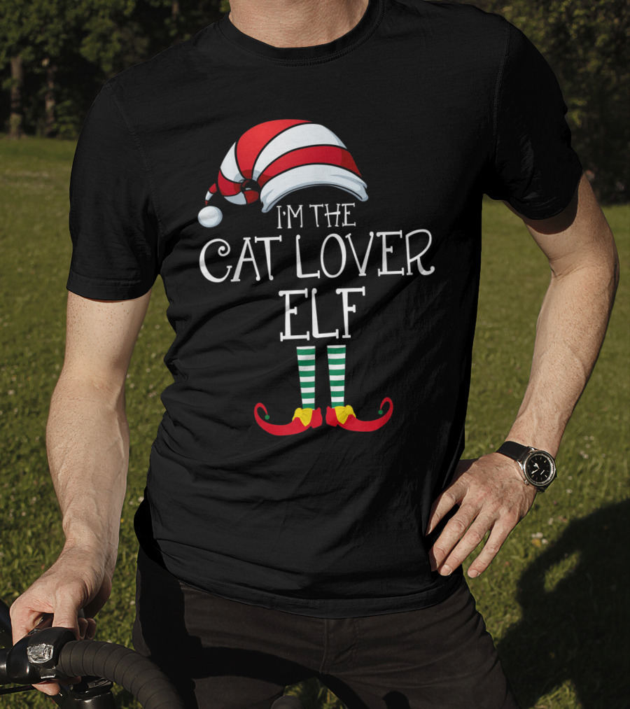 I'm The Cat Lover Elf Family Christmas Hat And Striped Socks T-Shirt