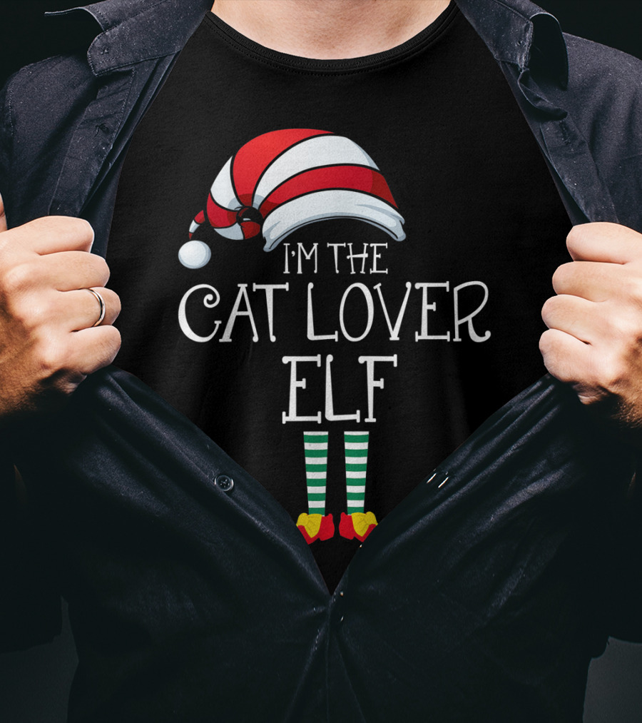 I'm The Cat Lover Elf Family Christmas Hat And Striped Socks T-Shirt
