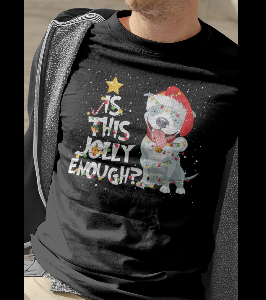 Is This Jolly Enough Funny Pitbull Dog Lovers Christmas Santa Hat Lights T-Shirt