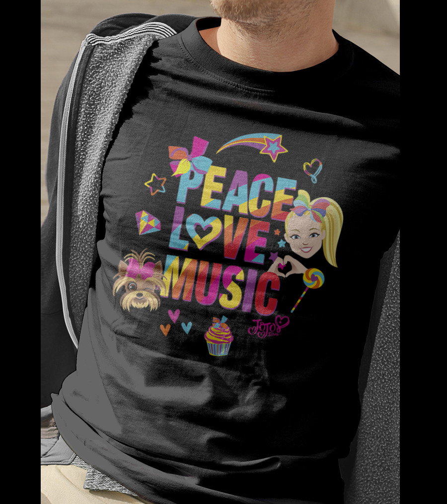 Jojo Siwa Peace Love Music Rainbow With Bow Stars Hearts Cupcake Puppy T-Shirt