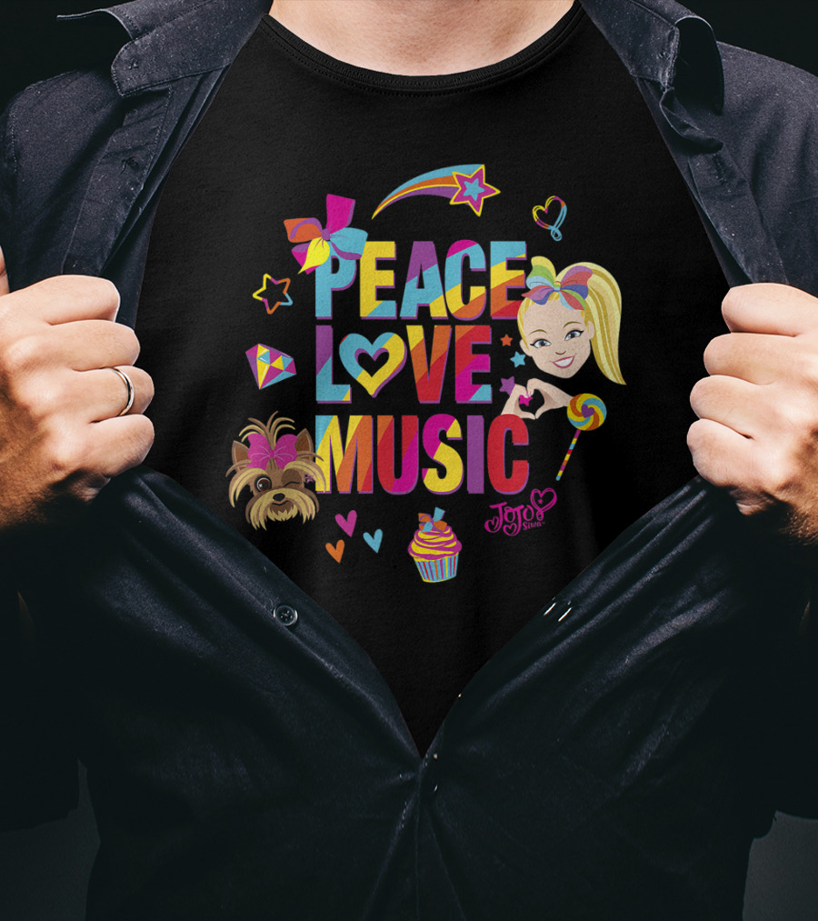 Jojo Siwa Peace Love Music Rainbow With Bow Stars Hearts Cupcake Puppy T-Shirt