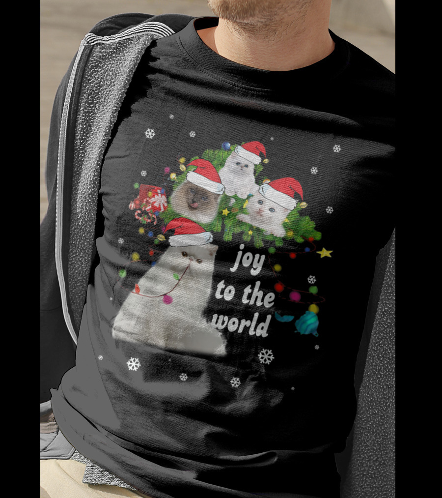 Joy To The World Christmas Cats With Santa Hats And Snowflakes T-Shirt