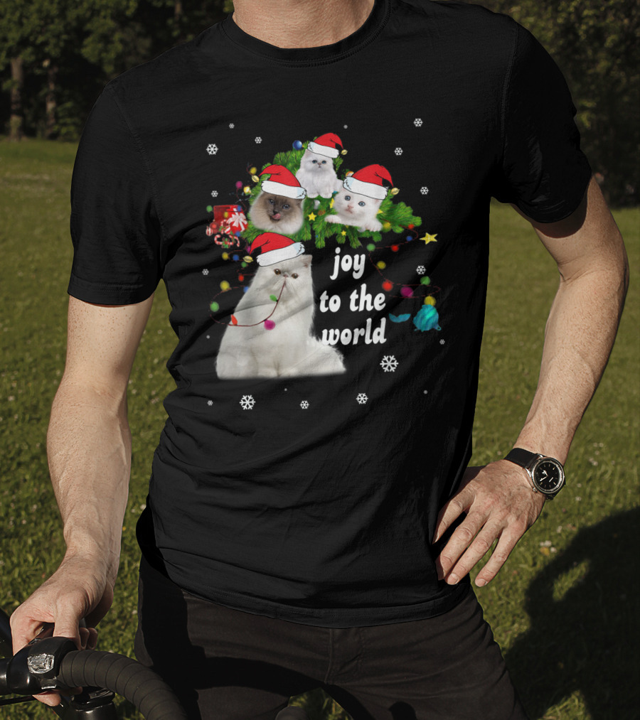 Joy To The World Christmas Cats With Santa Hats And Snowflakes T-Shirt