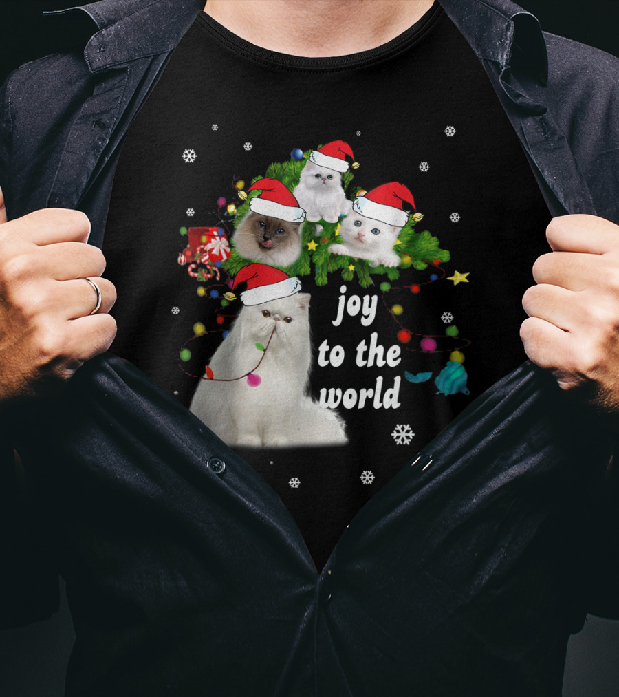 Joy To The World Christmas Cats With Santa Hats And Snowflakes T-Shirt