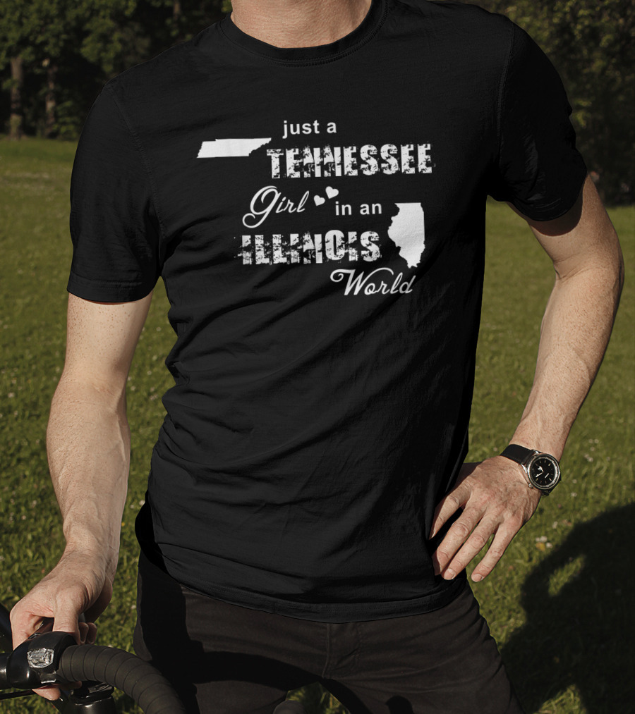 Just A Tennessee Girl In An Illinois World Map Silhouettes Hearts T-Shirt