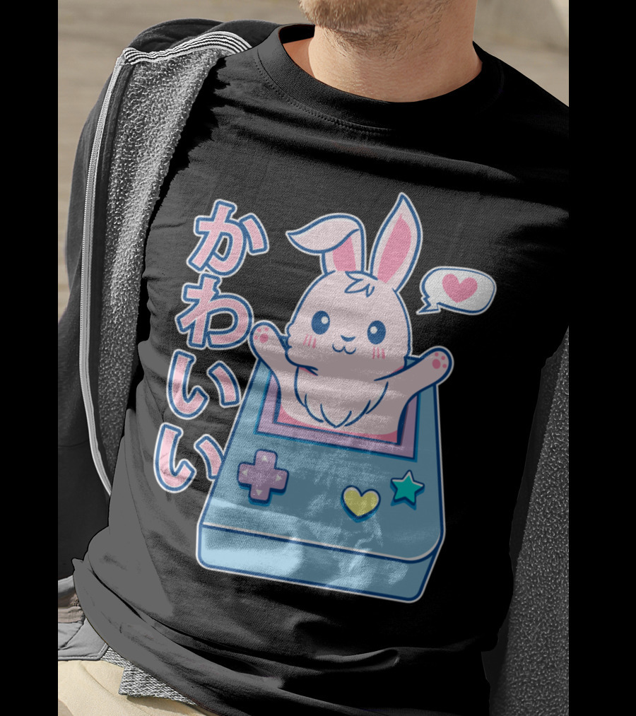 Kawaii Gamer Bunny Rabbit In Pastel Colors With Japanese Text And Game Console T-Shirt