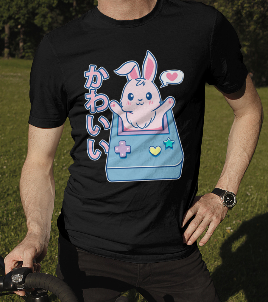 Kawaii Gamer Bunny Rabbit In Pastel Colors With Japanese Text And Game Console T-Shirt
