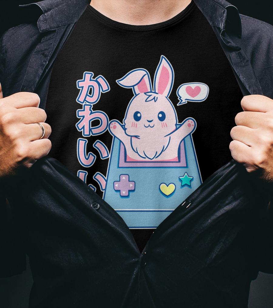 Kawaii Gamer Bunny Rabbit In Pastel Colors With Japanese Text And Game Console T-Shirt