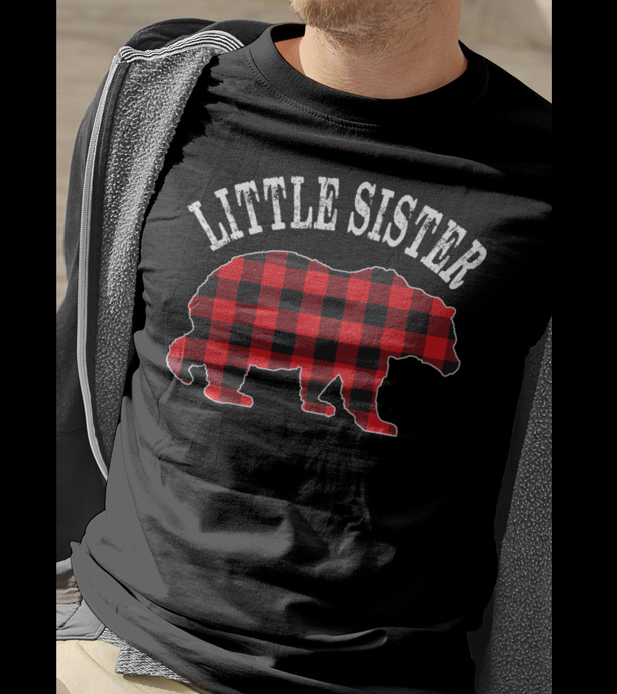 Little Sister Red Black Buffalo Plaid Bear T-Shirt