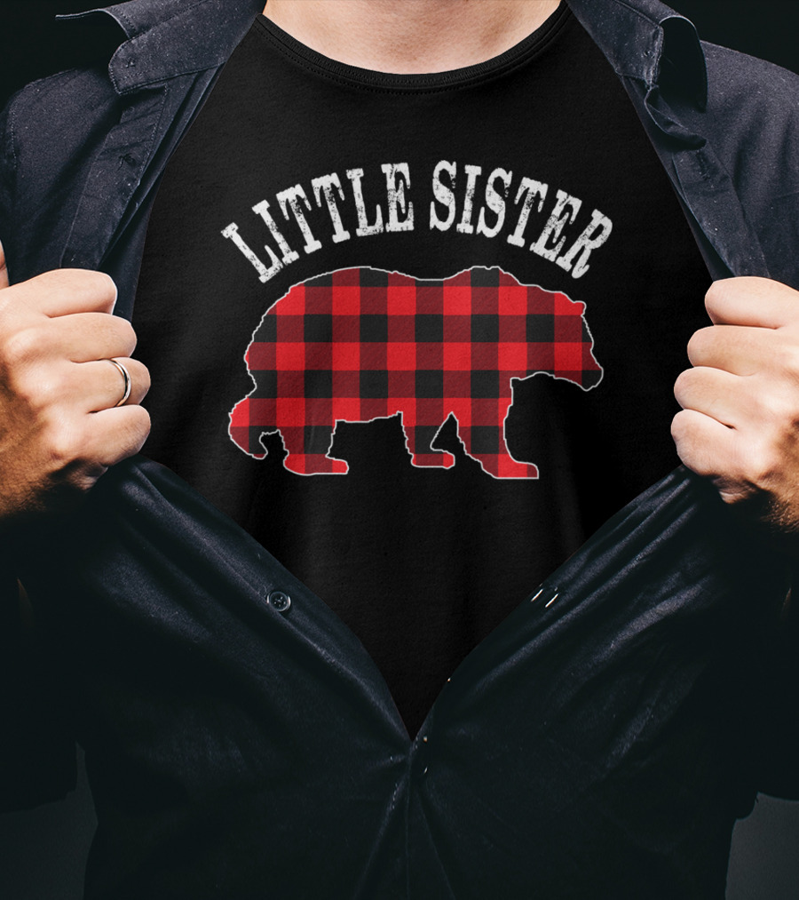 Little Sister Red Black Buffalo Plaid Bear T-Shirt