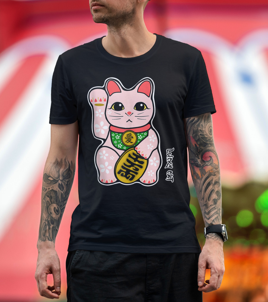 Lucky Cat Manekineko Japanese Love Prosperity Symbol Icon Floral T-Shirt