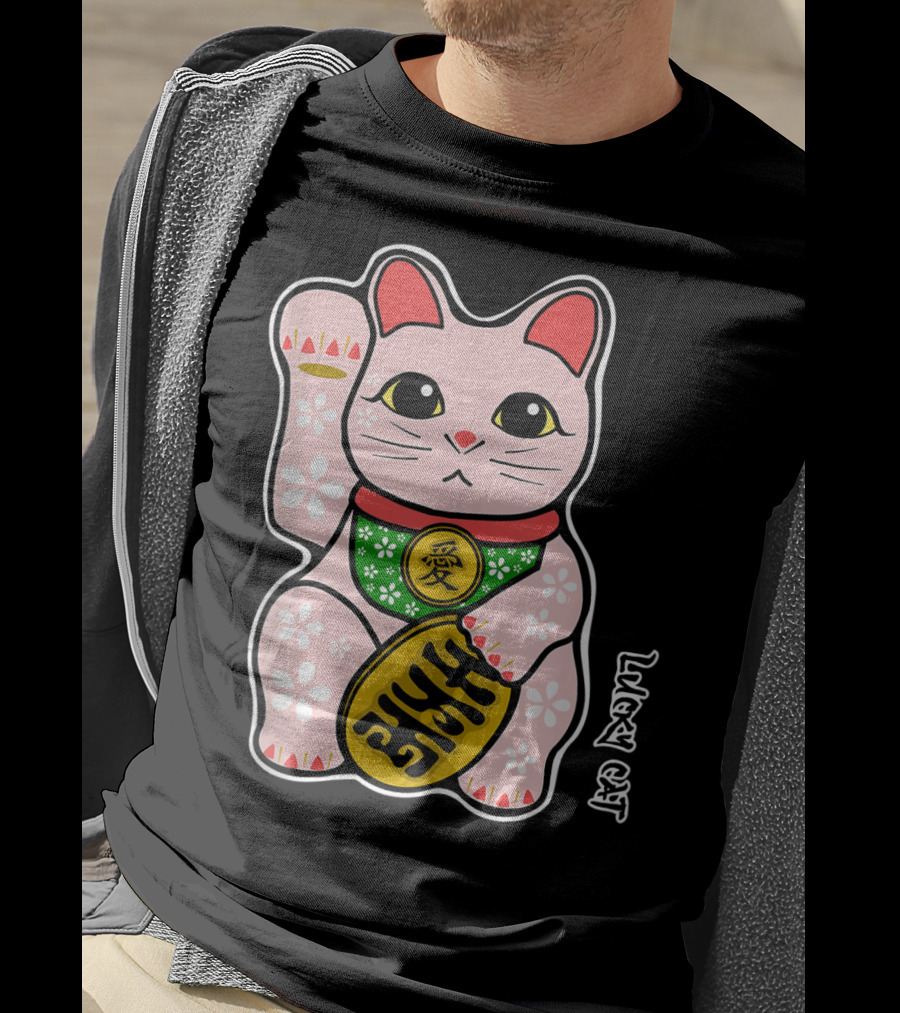 Lucky Cat Manekineko Japanese Love Prosperity Symbol Icon Floral T-Shirt