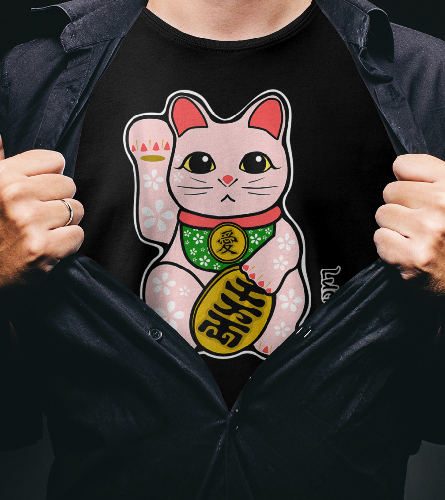Lucky Cat Manekineko Japanese Love Prosperity Symbol Icon Floral T-Shirt