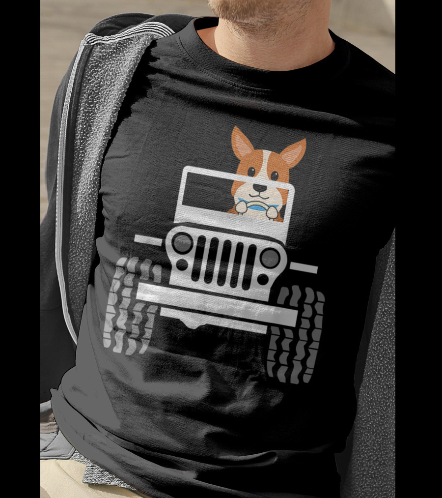 Mens Funny Cute Corgi Jeep Dog T-Shirt