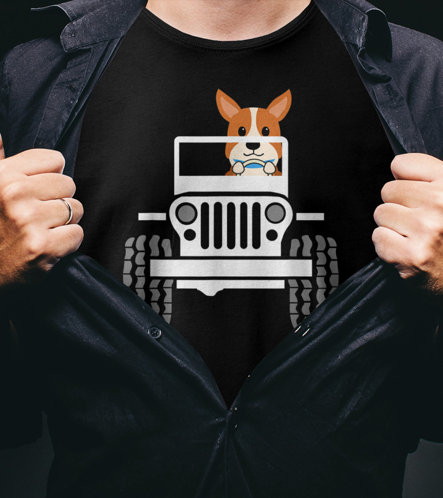 Mens Funny Cute Corgi Jeep Dog T-Shirt