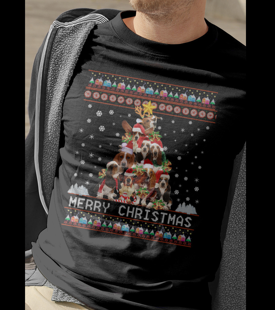 Merry Christmas Basset Hound Dogs In Festive Holiday Winter Wonderland With Snowflakes And Decorations T-Shirt