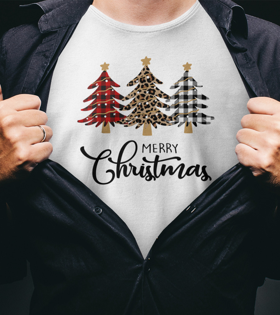 Merry Christmas Plaid Leopard Trees T-Shirt