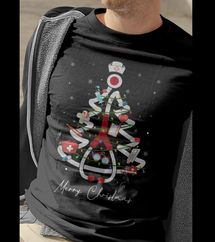 Merry Christmas Nurse Stethoscope Xmas Tree Medical Holiday Decorations T-Shirt