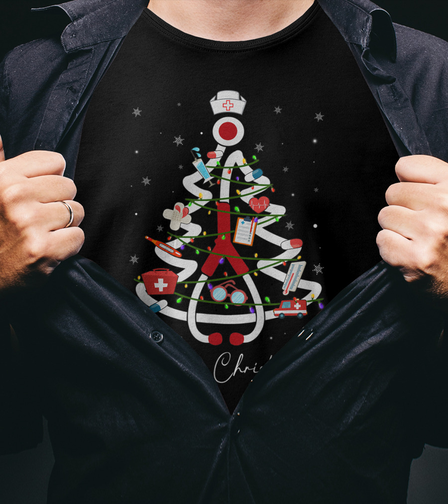 Merry Christmas Nurse Stethoscope Xmas Tree Medical Holiday Decorations T-Shirt