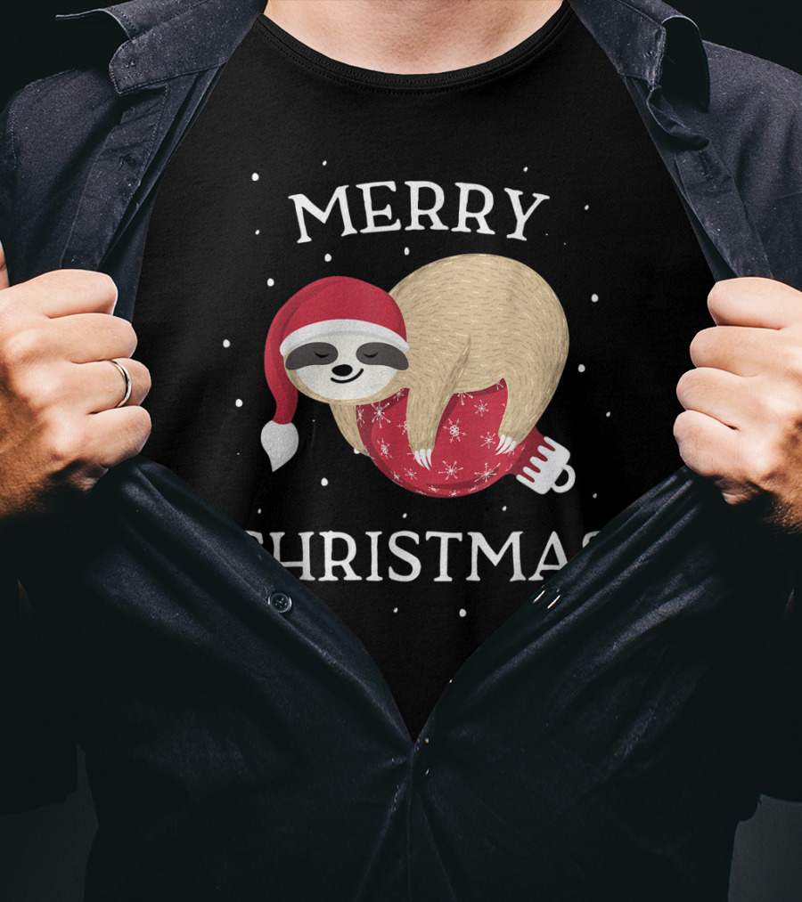 Merry Christmas Sloth Santa Hat Snowflakes T-Shirt