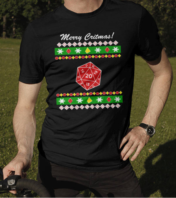 Merry Critmas 20-Sided Dice Dungeon Holiday Game Snowflakes T-Shirt