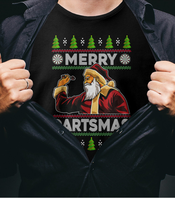Merry Dartmas Santa Claus Playing Darts With Christmas Trees And Snowflakes T-Shirt
