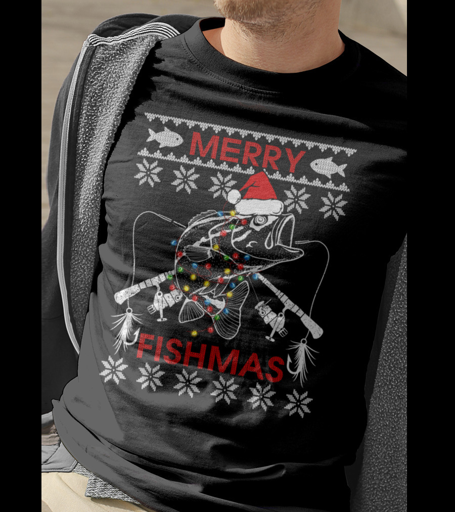 Merry Fishmas Ugly Xmas Santa Hat Bass With Fishing Rods And Lights T-Shirt