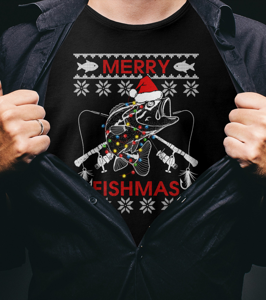 Merry Fishmas Ugly Xmas Santa Hat Bass With Fishing Rods And Lights T-Shirt
